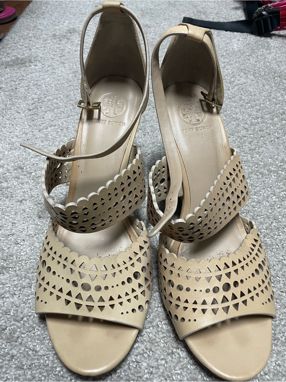 Tory Burch Nude Beige Laser-Cut Ankle-Strap Heels
